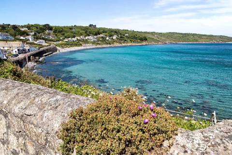 Coastal landscape bay and village houses, Coverack, Lizard Peninsula, Cornwall, England, UK