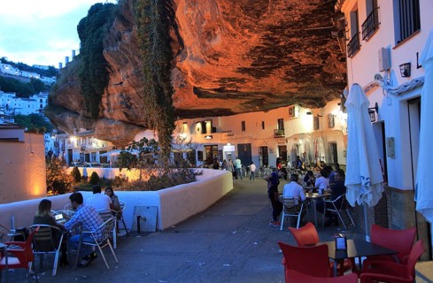 Cafes under rock cave overhang, Setenil de las Bodegas, Cadiz province, Spain, Europe