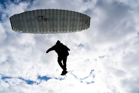 Paragliders along the dunes of Zoutelande, in Zeeland, South Holland, Netherlands