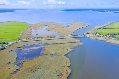 Aerial view over Meiningen Bridge, Meiningenbrücke connecting the Fischland-Darß-Zingst peninsula