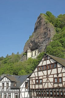 Rock church built in 1484, landmark and half-timbered houses, rock, cliff, mountain, stone wall,