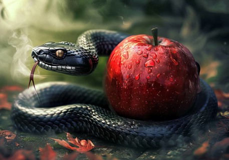 Temptation of Adam and Eve, forbidden fruit in garden of eden leads to primal sin, AI generated