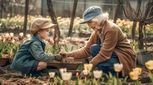 Elderly grandmother planting some spring plants with her granddaughter in the garden, generative