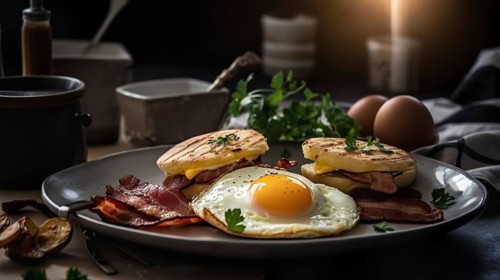 Delicious fresh eggs and bacon breakast plate on table, generative AI, AI generated