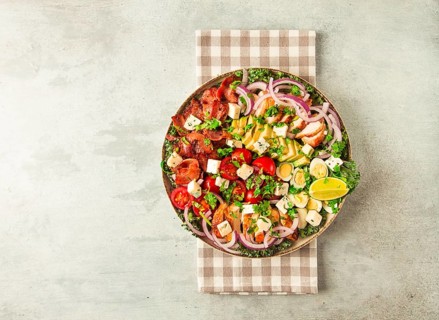 Cobb salad, keto food, top view, no people, close-up