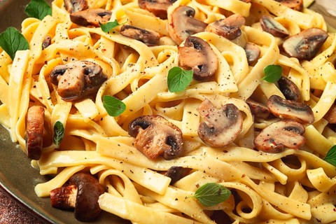 Fettuccine with champignons, basil, in cream sauce, homemade, no people