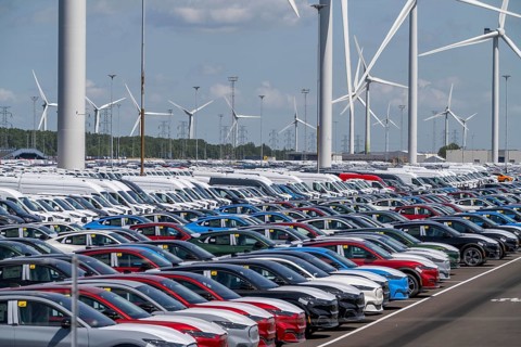 Storage area for new cars in the port of Vlissingen-Oost, vehicles are temporarily stored on over