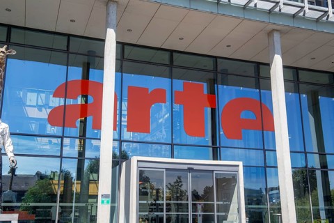 Close-up of the logo at the headquarters of the Franco-German public broadcaster ARTE in