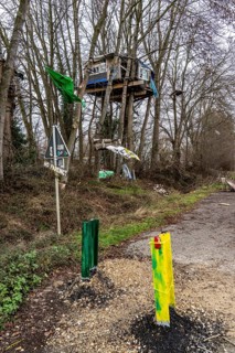 Barricades, obstacles, in the camp of climate activists in the rest of the village of Lützerath,