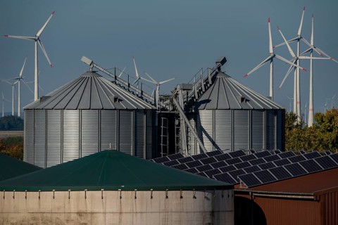 Biogas plant, agricultural business, wind farm near Lichtenau, solar plant on farm buildings,