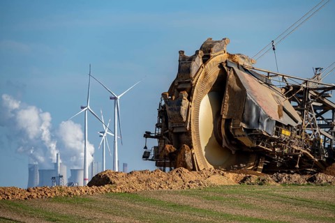 Opencast lignite mine Garzweiler II, bucket wheel excavator dredging, at the edge of the opencast