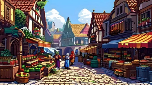 Pixel art scene of a bustling medieval marketplace with vendors displaying various goods, AI