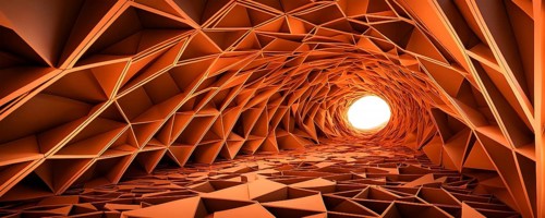Abstract geometric pattern tunnel structure embodying data streams and communication in orange