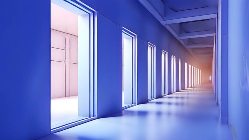 Windows aligned within an elongated tunnel permeated with gradients of light blue hues, AI