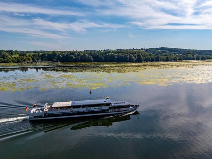 Green carpet of plants on Lake Baldeney in Essen, proliferating aquatic plant Elodea, waterweed, an