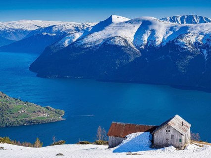 View from Mt. Molden, over the Lustrafjord, inner branch of Sognefjord, tongue of land of Urnes,