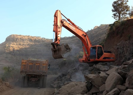 In the highlands of Abyssinia, in the Semien Mountains, construction of a new pass road, Ethiopia,