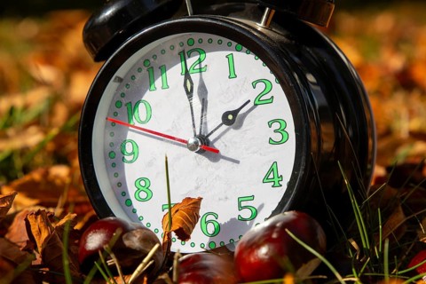 Symbolic image time change, autumn: An alarm clock among autumn leaves