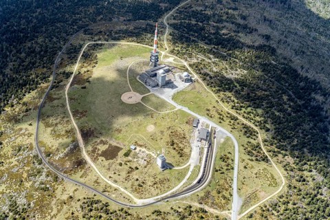 Aerial photo, Brocken, summit, railway, railway line, Brockenbahn, mast, forest damage,