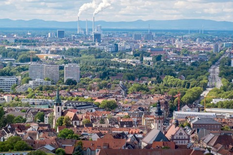 View of Karlsruhe from the Turmberg, Durlach district in front, industry at the Rhine harbour
