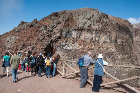 Tourists on a path along the crater edge, Vesuvius, near Naples, Parco Nazionale del Vesuvio,
