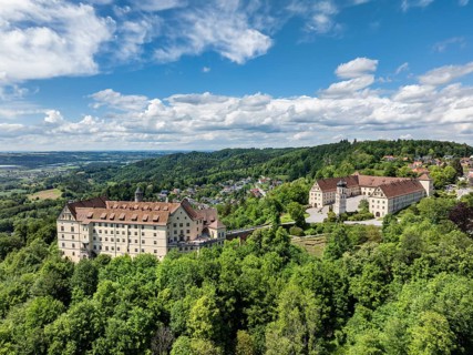 Aerial view of Heiligenberg Castle, a Renaissance-style castle complex, administrative district of