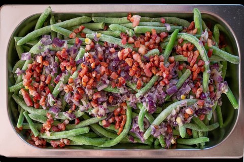 Frozen beans with diced ham and onions, in a bowl, Bavaria, Germany, Europe