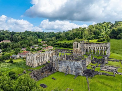 Rievaulx Abbey from a drone, North York Moors National Park, North Yorkshire, England, United