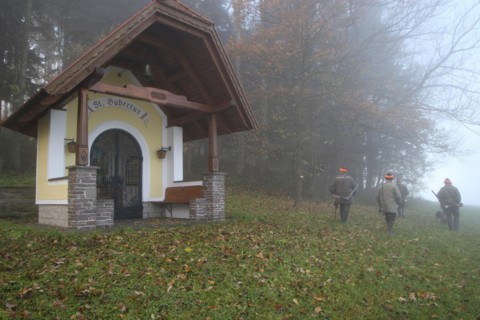 Hunters, in light autumn fog, pass Hubertus Chapel to hunt hares (Lepus europaeus) Lower Austria,