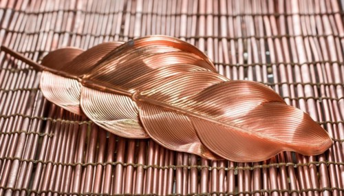 Metal, copper, arts and crafts, piece of jewellery in leaf shape made of copper
