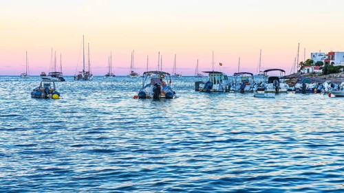 Sailing yachts at the blue hour in the bay of Talamanca, Eivissa, Ibiza Town, Ibiza, Balearic
