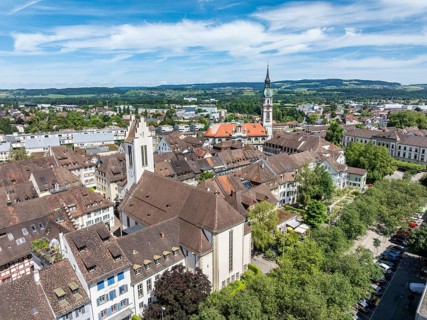 Aerial view, townscape, town centre, old town of Frauenfeld, left the protestant town church, right