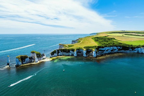 White Cliffs of Old Harry Rocks Jurassic Coast from a drone, Dorset Coast, Poole, England, United