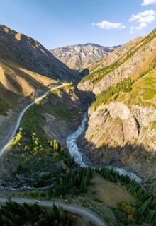 Mountain landscape with river in a narrow mountain valley in autumn, Little Naryn or Kichi-Naryn,
