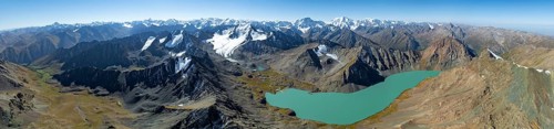 Mountain panorama, aerial view, 4000 metre peak with glacier, mountain pass and mountain lake