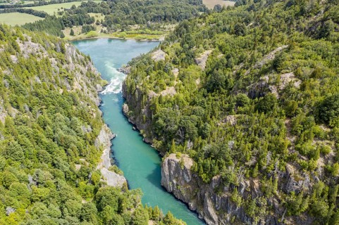 Futaleufu river flowing in a deep gorge, near viewpoint mirador pozon de los reyes, aerial view,