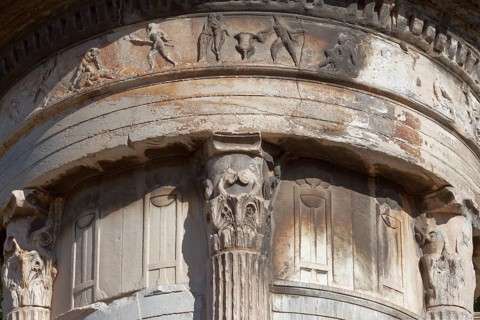 Frieze with figures, detail of the Lysicrates monument from 334 BC, Plaka Old Town, Athens, Greece,