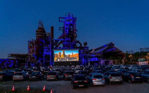 Drive-in cinema Dortmund, against the backdrop of the former blast furnace plant Phönix-West in