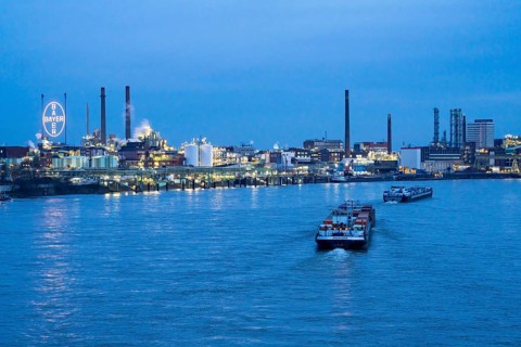 Backdrop of Chempark Leverkusen, Bayer Leverkusen, chemical park, chemical plant, river Rhine,