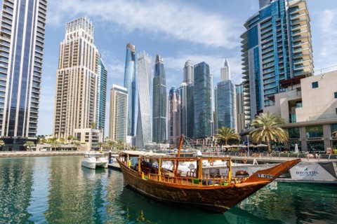 Dubai Marina skyline skyscrapers waterfront buildings in Dubai, United Arab Emirates, Asia