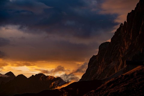 Montafon mountains with dramatic cloudy sky at sunset, Tschagguns, Rätikon, Montafon, Vorarlberg,