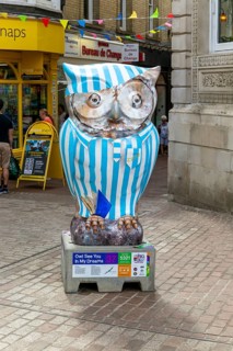 Big Hoot 2022, art trail event large painted owl sculpture in town centre, Ipswich, Suffolk,