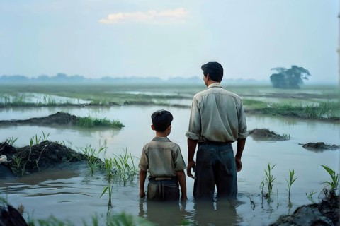 Distressed father and son farmers on their water flooded farmland, AI generated