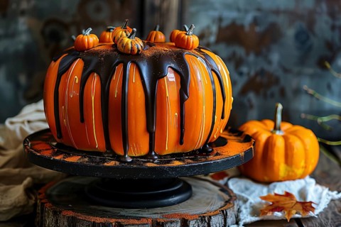 Seasonal pumpkin shaped cake with glazing. Generative AI, AI generated
