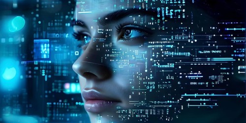 3d digital facial recognition displaying a female face with overlaid ai biometric data, AI