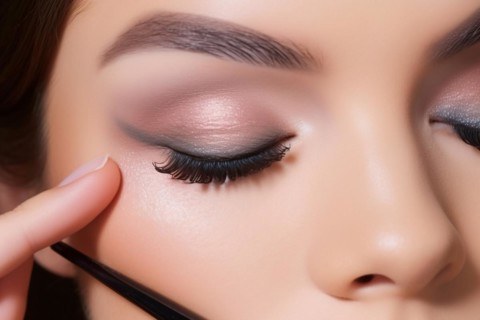 Close up of woman doing eyemakeup with gray and pink eyeshadow and long black fake eyelashes. KI