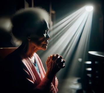 An old woman prays fervently with folded hands, Symbolic image believing, religious, prayer, AI