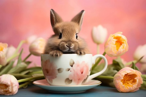 Cute small Easter bunny in rea cup with pink spring tulip flowers. KI generiert, generiert AI