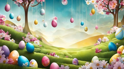 Surreal Easter scene with floating eggs, ribbons, and flowers in a dreamlike, whimsical composition