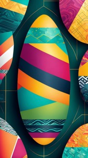 Abstract Easter egg design with geometric patterns, bold colors, and a mix of textures, creating a